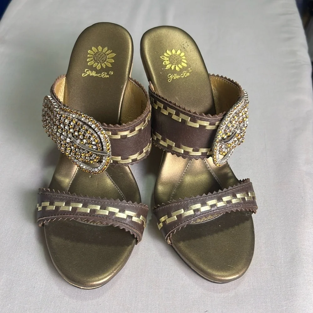 Yellow Box Gable Buckle Rhinestone Embellished Leather Cork Wedge size 9